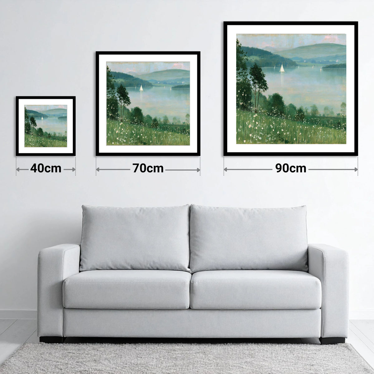 Wildflowers Above Hazy Windermere - size guide showing 40cm, 70cm and 90cm art prints