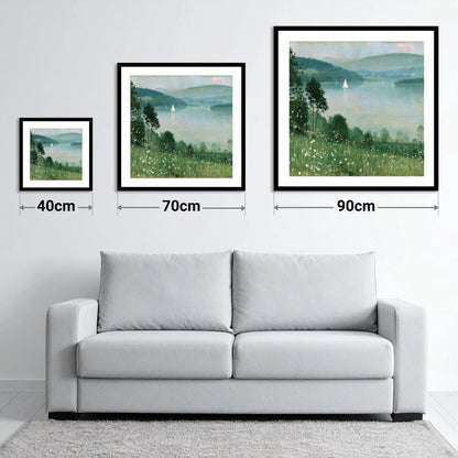Wildflowers Above Hazy Windermere - size guide showing 40cm, 70cm and 90cm art prints