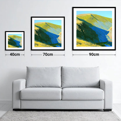Sunlit Slopes of Stybarrow Dodd - size guide showing 40cm, 70cm and 90cm art prints