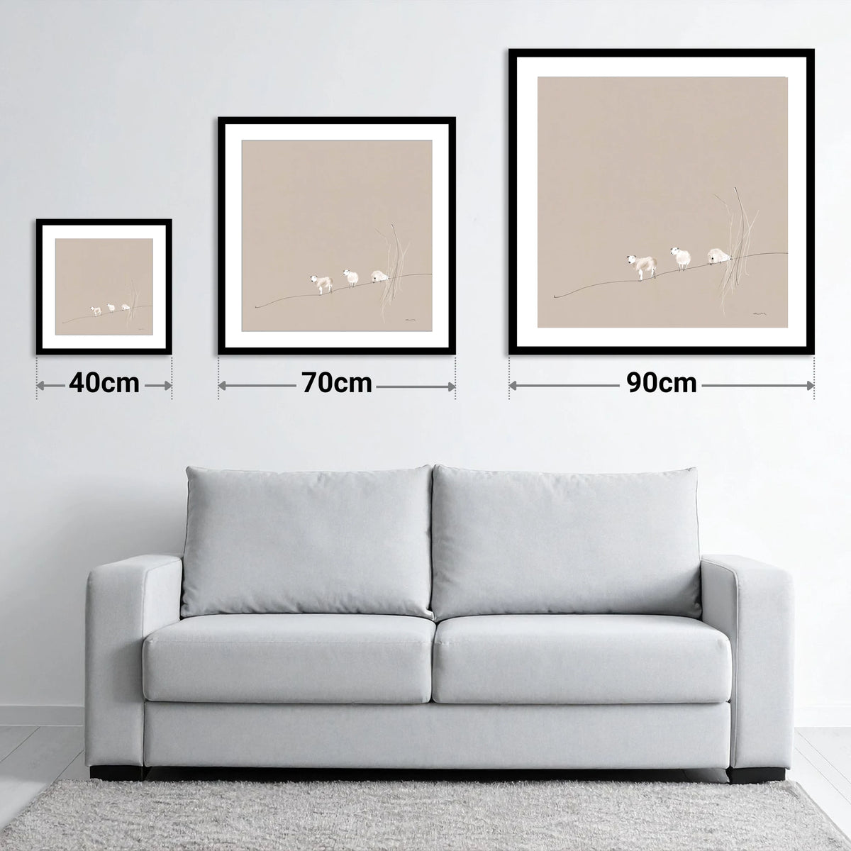 Minimalist Herdwicks on a Fellside - size guide showing 40cm, 70cm and 90cm art prints