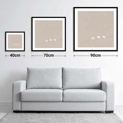 Minimalist Herdwicks on a Fellside - size guide showing 40cm, 70cm and 90cm art prints