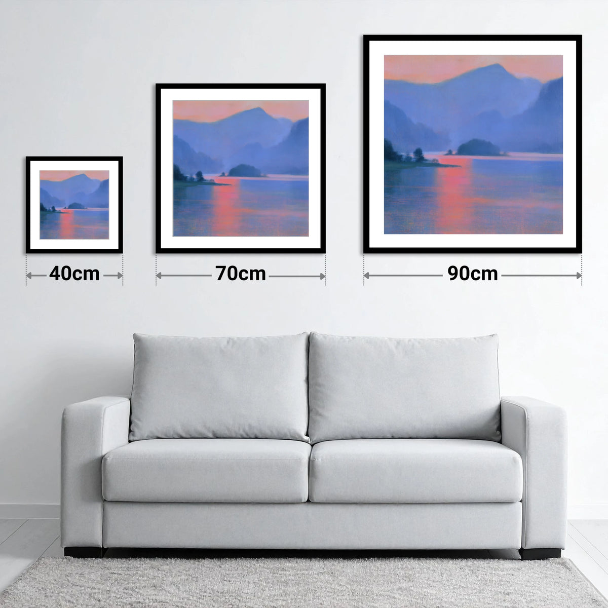 Derwentwater and Catbells in Pink Light - size guide showing 40cm, 70cm and 90cm art prints