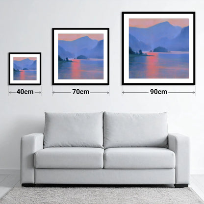 Derwentwater and Catbells in Pink Light - size guide showing 40cm, 70cm and 90cm art prints
