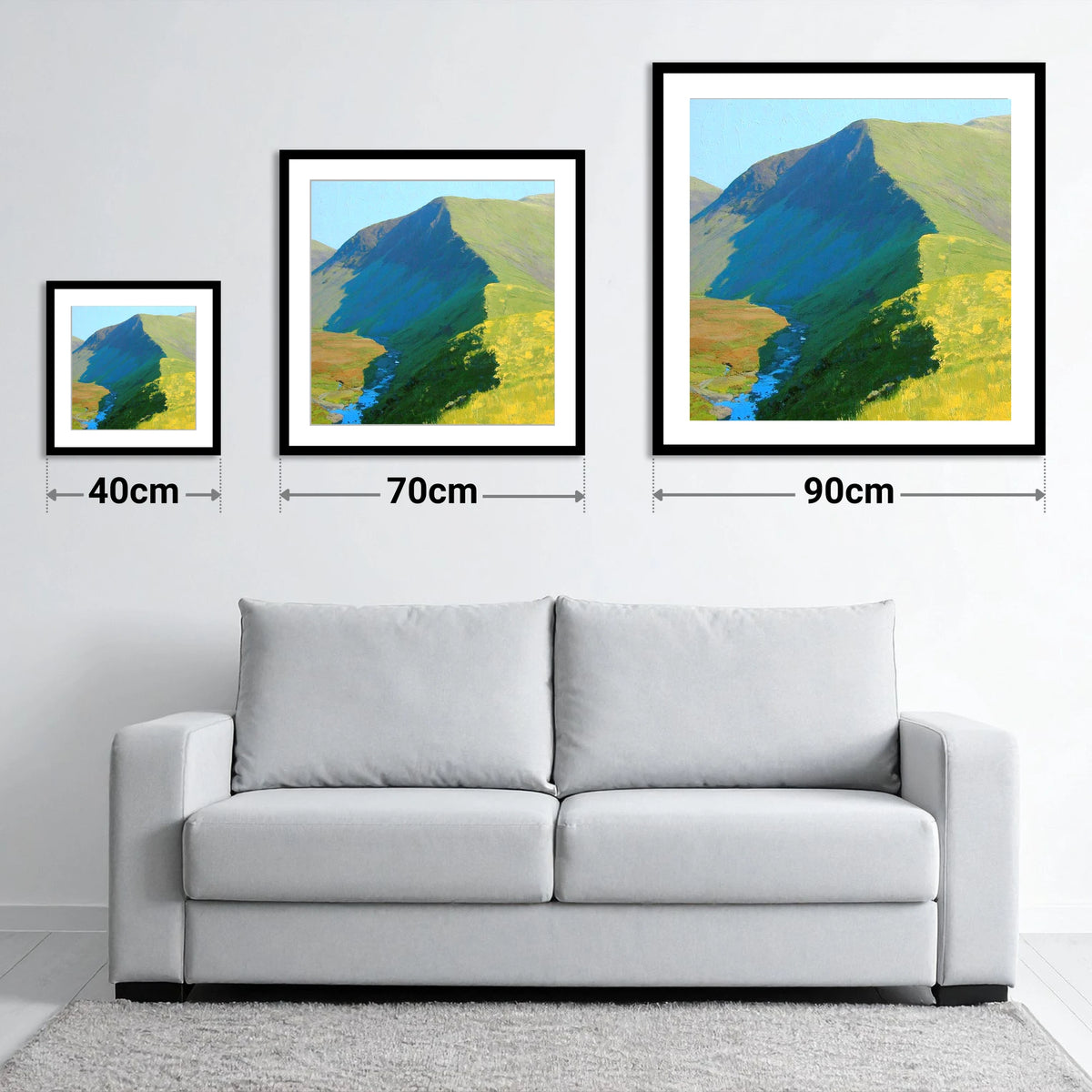 Vivid Light on Froswick Ridge - size guide showing 40cm, 70cm and 90cm art prints