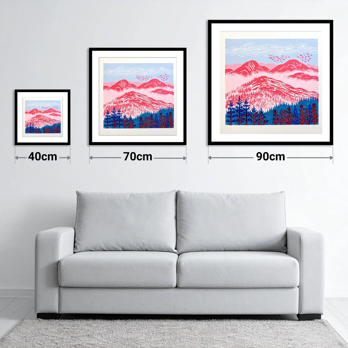 Red Misty Mountain Ridge - size guide showing 40cm, 70cm and 90cm art prints
