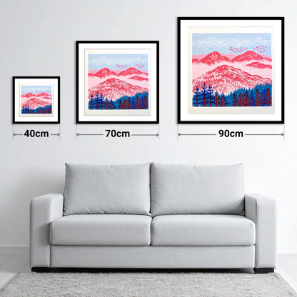 Red Misty Mountain Ridge - size guide showing 40cm, 70cm and 90cm art prints