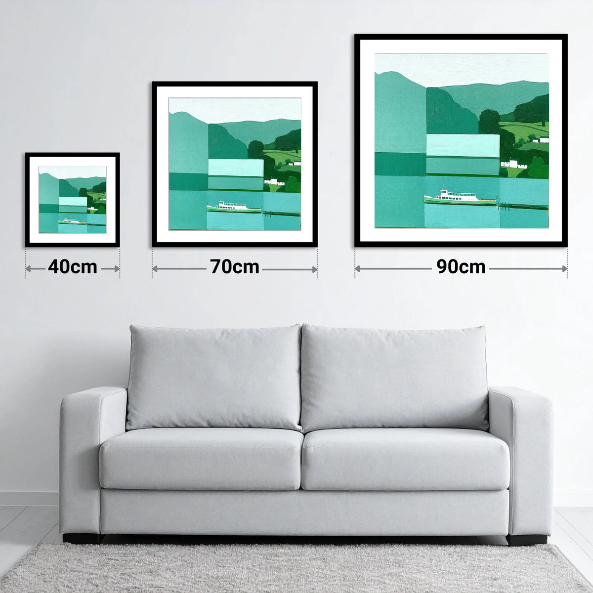 Geometric Ullswater Steamer at Glenridding - size guide showing 40cm, 70cm and 90cm art prints