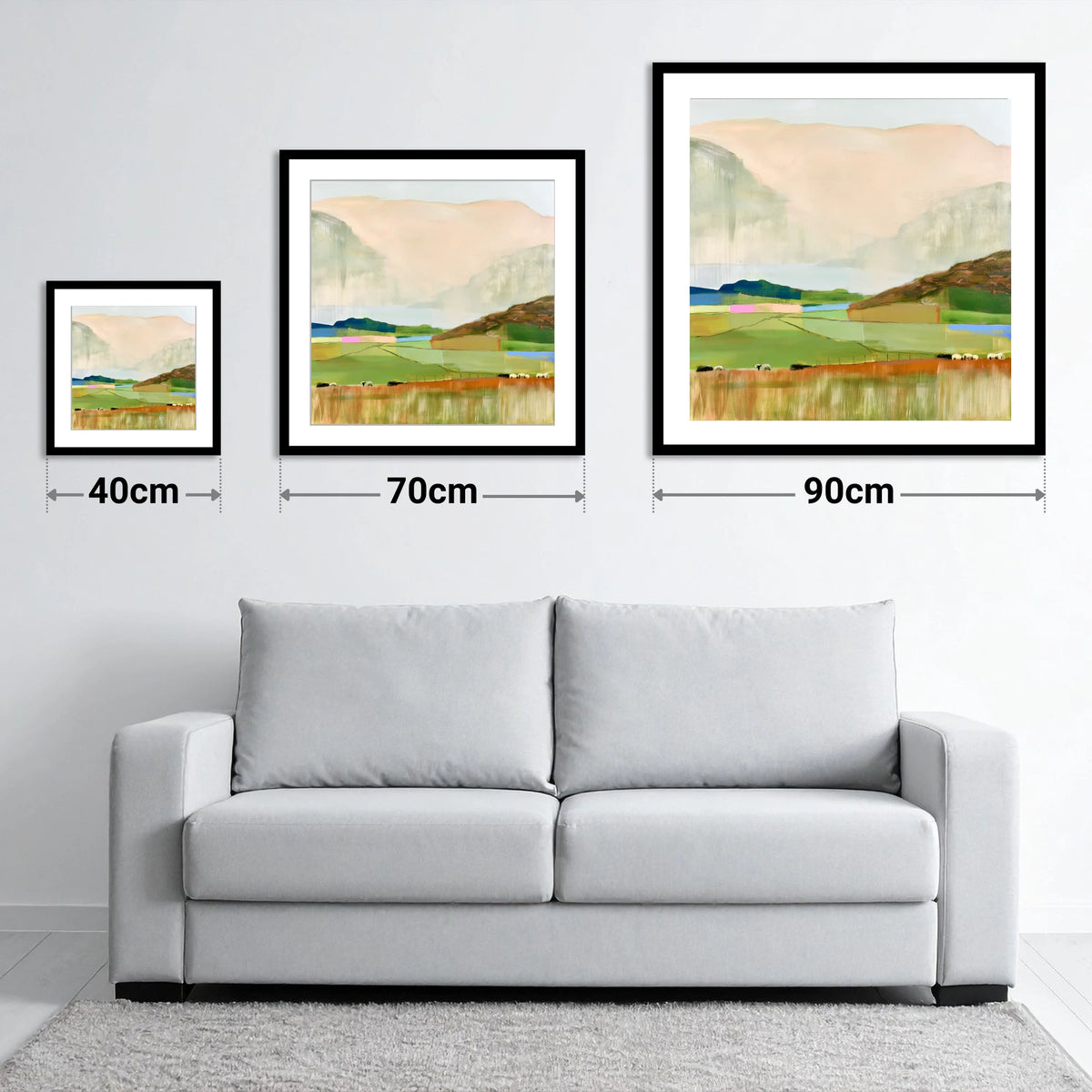 Abstract Fells And Valley Pastures - size guide showing 40cm, 70cm and 90cm art prints