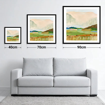 Abstract Fells And Valley Pastures - size guide showing 40cm, 70cm and 90cm art prints
