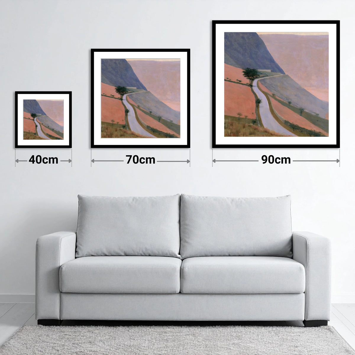 Winding Mountain Pass in Dusk Pink - size guide showing 40cm, 70cm and 90cm art prints