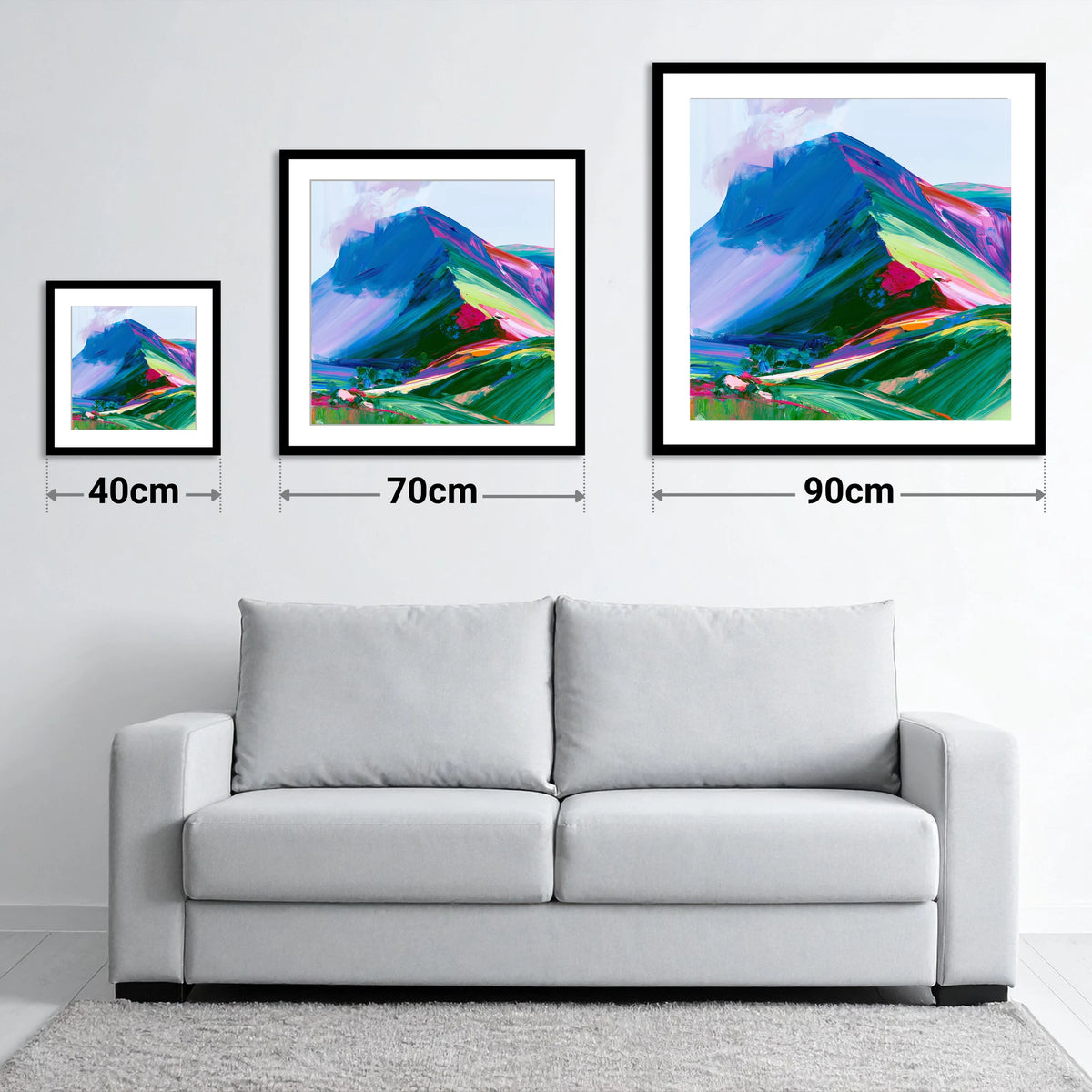 Vibrant Blue Mountain Ridge - size guide showing 40cm, 70cm and 90cm art prints