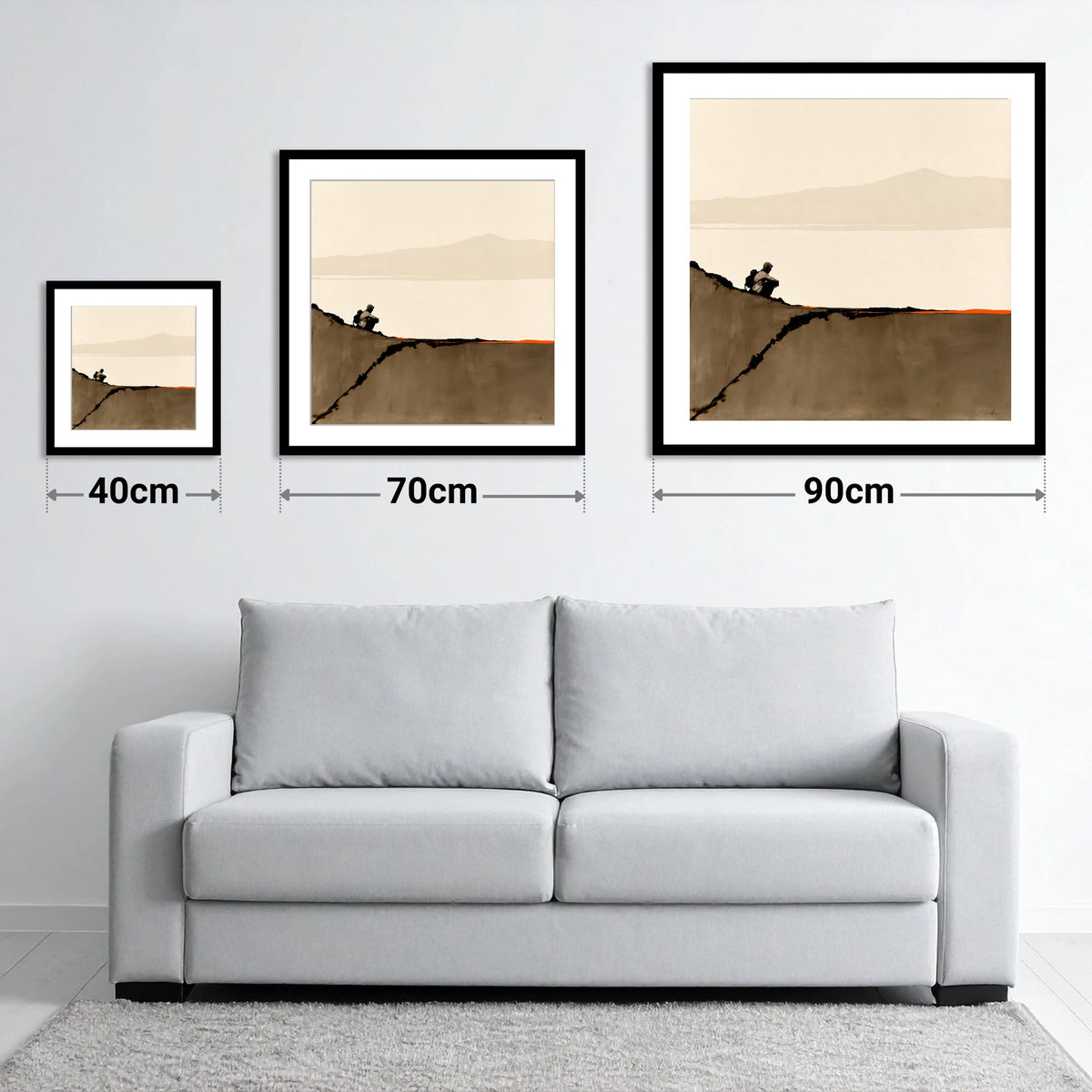 Walker on Blencathra Edge - size guide showing 40cm, 70cm and 90cm art prints