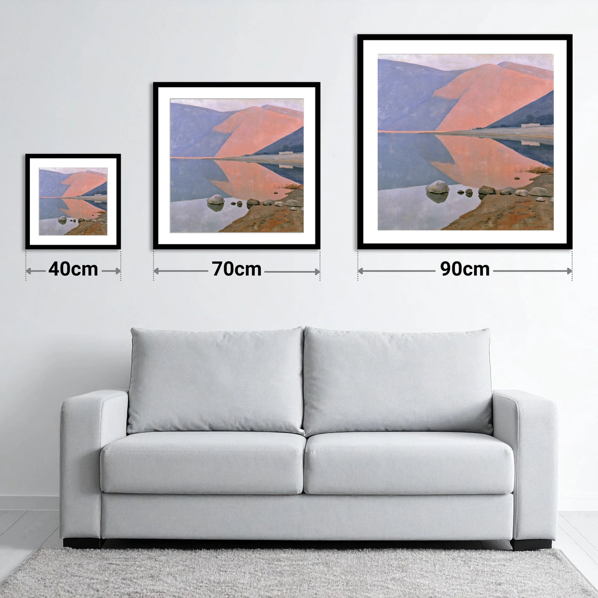 Still Lake beneath Dusk Pink Fells - size guide showing 40cm, 70cm and 90cm art prints