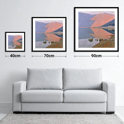 Still Lake beneath Dusk Pink Fells - size guide showing 40cm, 70cm and 90cm art prints