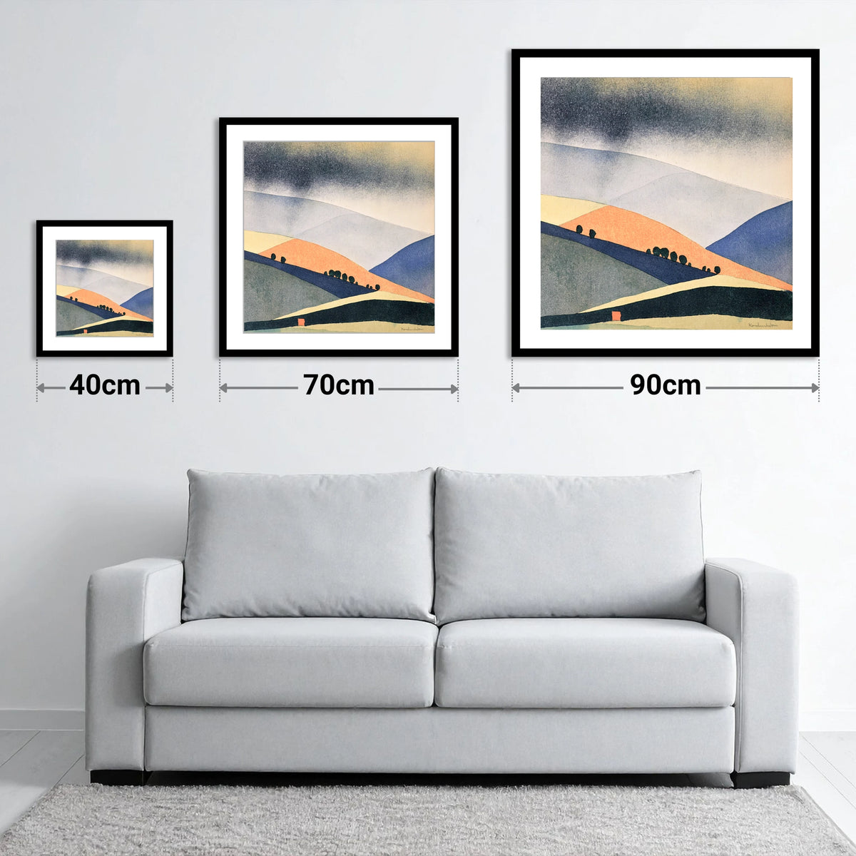 Rolling Fells in Terracotta and Indigo - size guide showing 40cm, 70cm and 90cm art prints