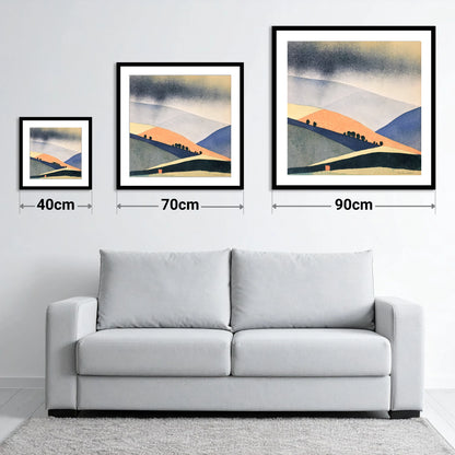 Rolling Fells in Terracotta and Indigo - size guide showing 40cm, 70cm and 90cm art prints