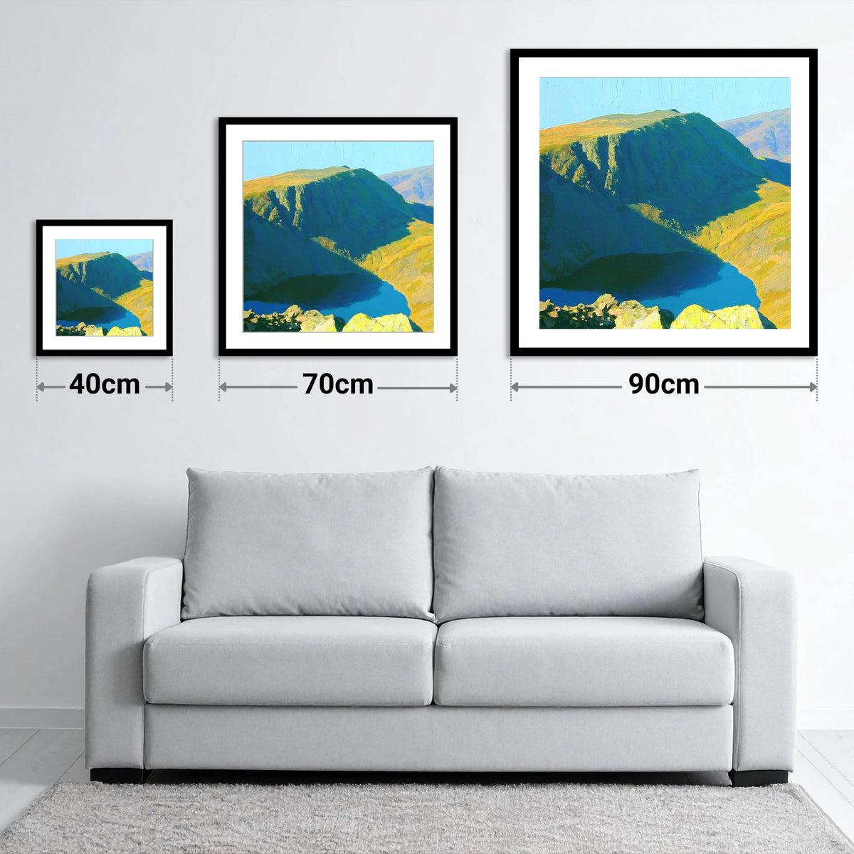 Vibrant Harter Fell Mountain Tarn - size guide showing 40cm, 70cm and 90cm art prints