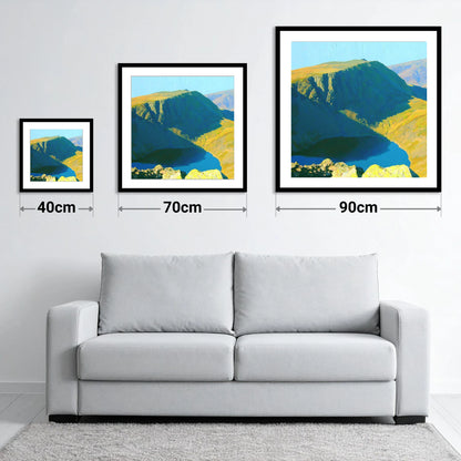 Vibrant Harter Fell Mountain Tarn - size guide showing 40cm, 70cm and 90cm art prints