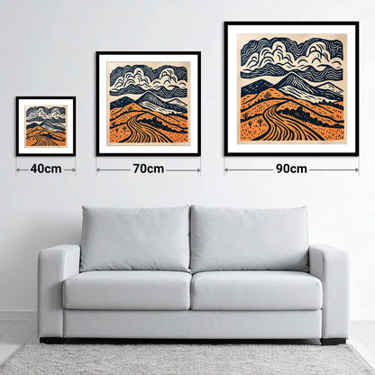 Rhythmic Terracotta Fells Under Cloud - size guide showing 40cm, 70cm and 90cm art prints