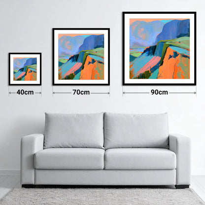 Vivid Mountain Ridge In Mist - size guide showing 40cm, 70cm and 90cm art prints
