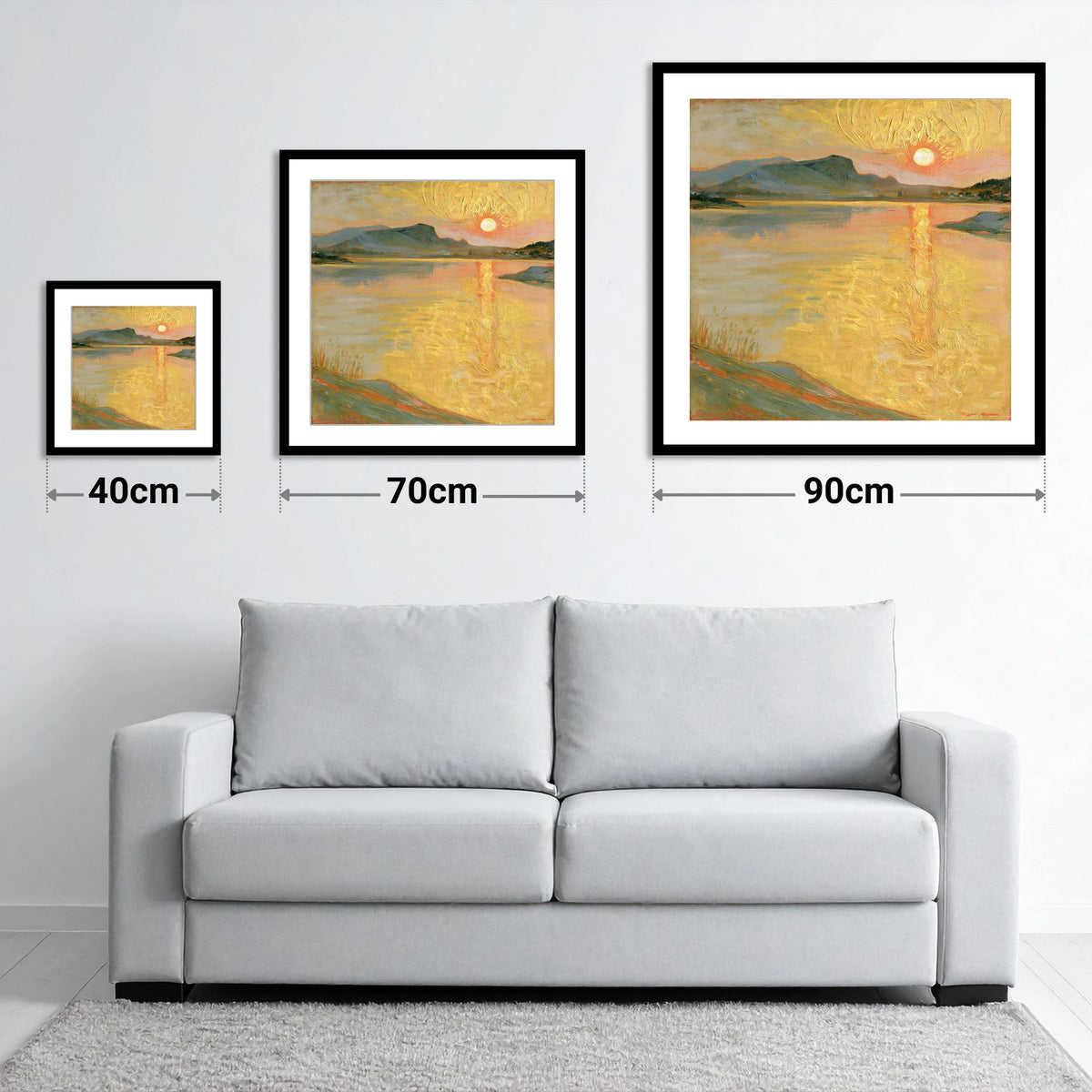 Golden Sunset Over the Lake - size guide showing 40cm, 70cm and 90cm art prints