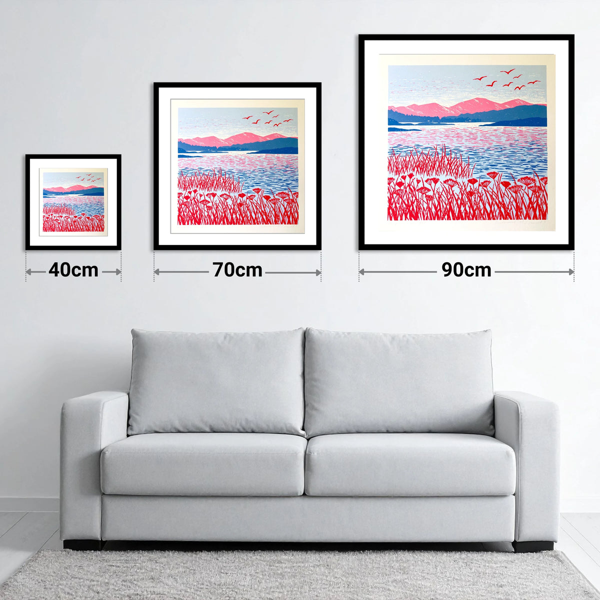 Red Reeds Over Coniston Water - size guide showing 40cm, 70cm and 90cm art prints