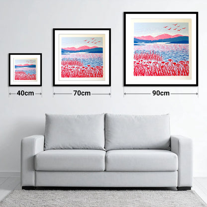 Red Reeds Over Coniston Water - size guide showing 40cm, 70cm and 90cm art prints
