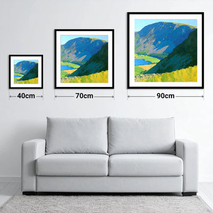 Blue Shadows on Robinson Fell - size guide showing 40cm, 70cm and 90cm art prints