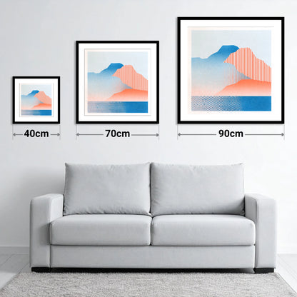 Geometric Great Gable In Coral - size guide showing 40cm, 70cm and 90cm art prints