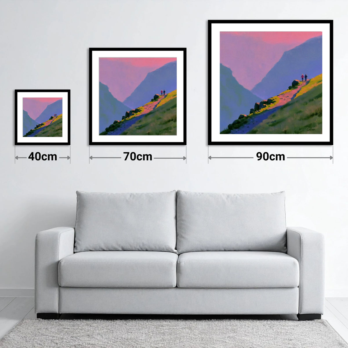 Walkers on a Vivid Mountain Path - size guide showing 40cm, 70cm and 90cm art prints