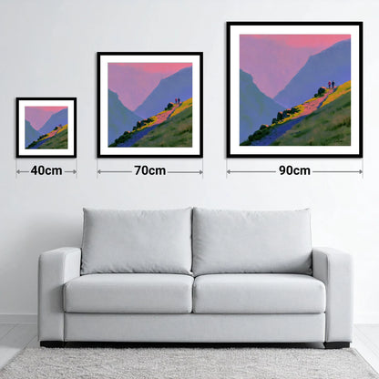 Walkers on a Vivid Mountain Path - size guide showing 40cm, 70cm and 90cm art prints