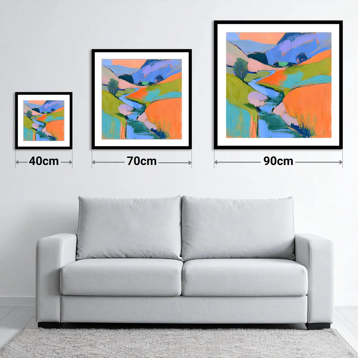 River Valley in Vivid Colour - size guide showing 40cm, 70cm and 90cm art prints