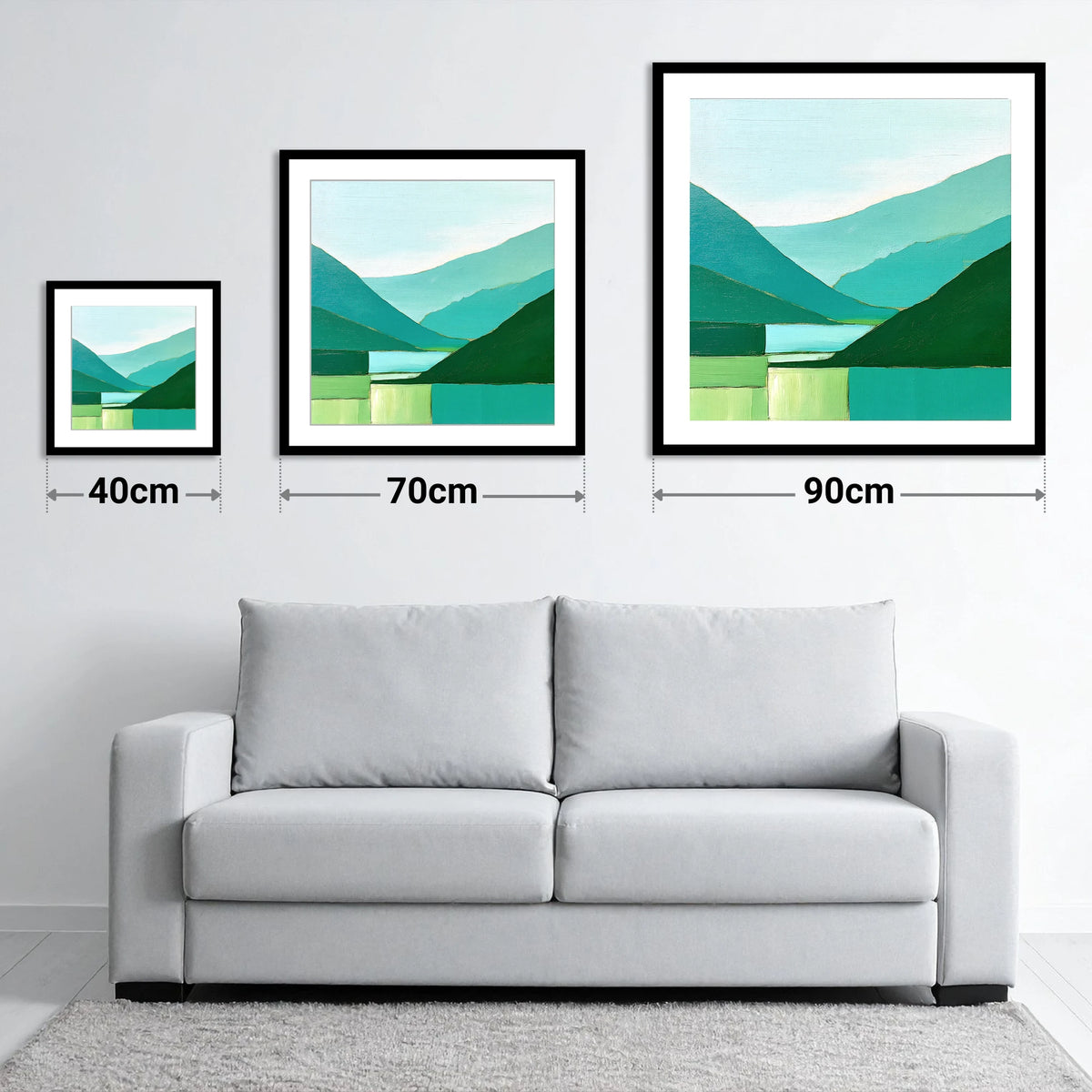 Borrowdale Valley Fells in Teal - size guide showing 40cm, 70cm and 90cm art prints