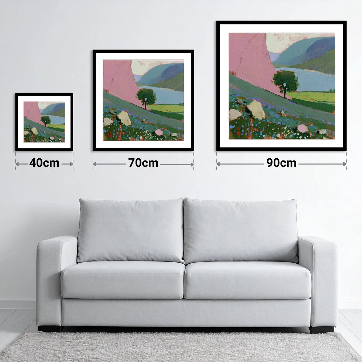 Pink Fellside Above Crummock Water - size guide showing 40cm, 70cm and 90cm art prints