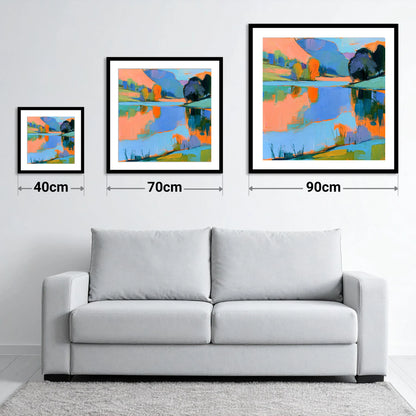 Vibrant Reflections on a Calm Lake - size guide showing 40cm, 70cm and 90cm art prints