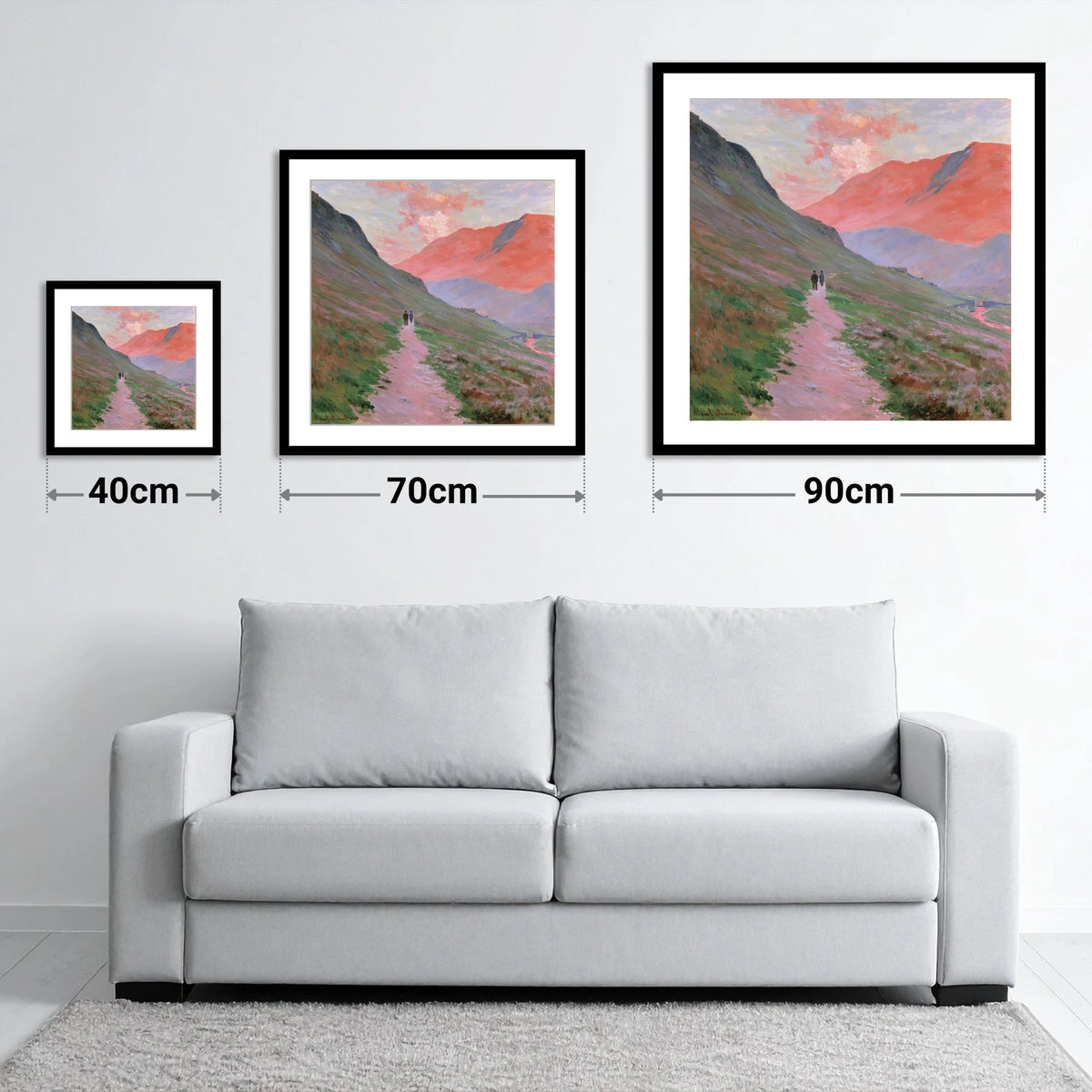 Fell Walkers in Pink Sunset - size guide showing 40cm, 70cm and 90cm art prints