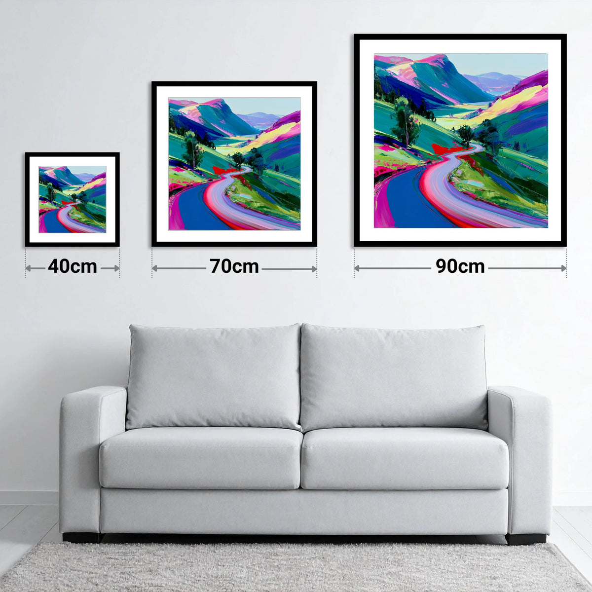 Vibrant Winding Mountain Pass - size guide showing 40cm, 70cm and 90cm art prints