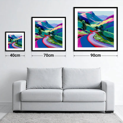 Vibrant Winding Mountain Pass - size guide showing 40cm, 70cm and 90cm art prints