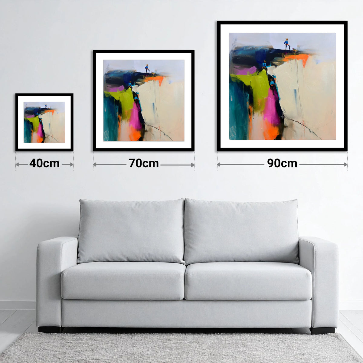 Abstract Climbers on a Crag - size guide showing 40cm, 70cm and 90cm art prints