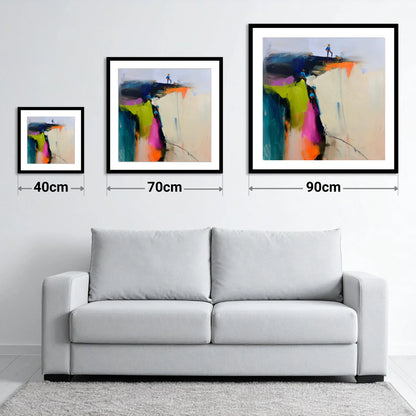 Abstract Climbers on a Crag - size guide showing 40cm, 70cm and 90cm art prints