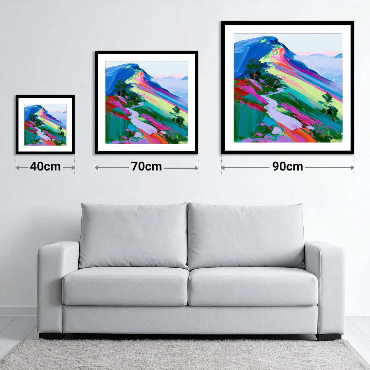 Colourful Mountain Ridge Path - size guide showing 40cm, 70cm and 90cm art prints