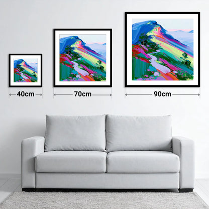 Colourful Mountain Ridge Path - size guide showing 40cm, 70cm and 90cm art prints