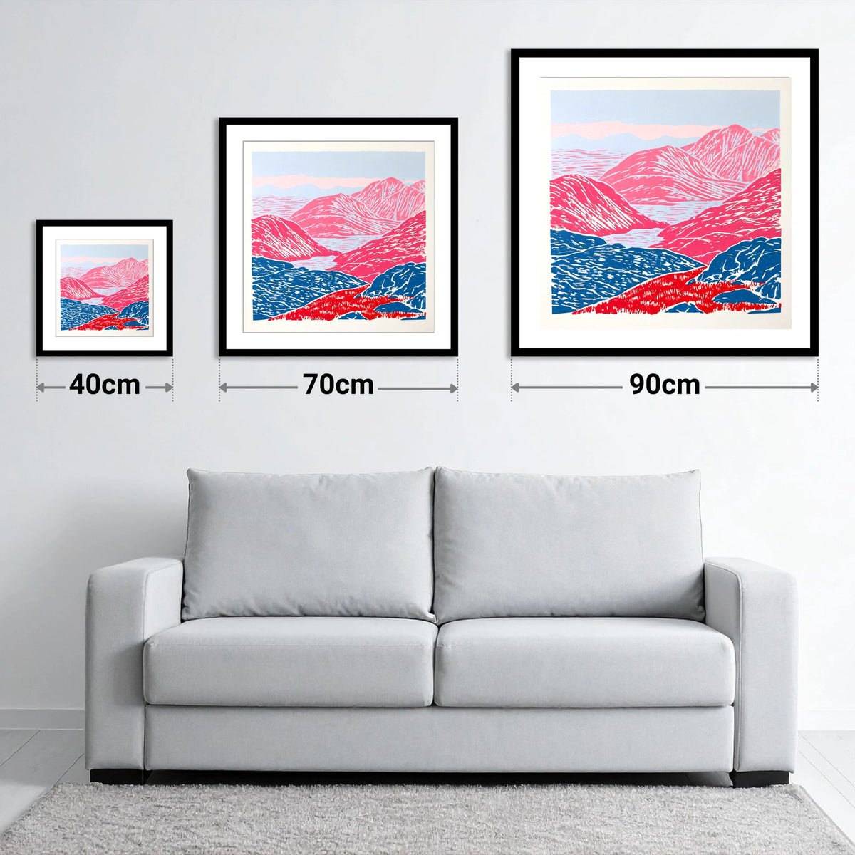 Cobalt and Crimson Summit View - size guide showing 40cm, 70cm and 90cm art prints