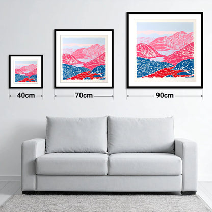 Cobalt and Crimson Summit View - size guide showing 40cm, 70cm and 90cm art prints