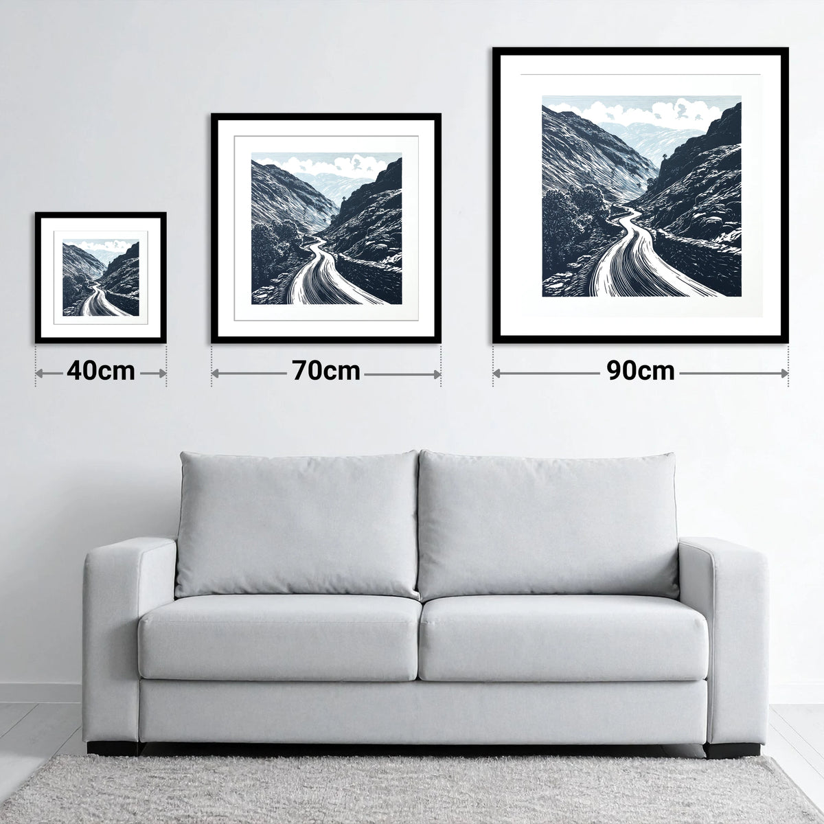 Navy Blue Hardknott Pass Road - size guide showing 40cm, 70cm and 90cm art prints