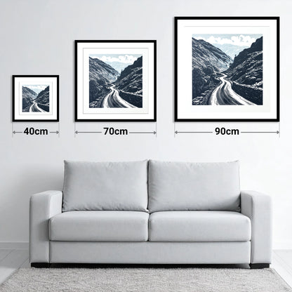 Navy Blue Hardknott Pass Road - size guide showing 40cm, 70cm and 90cm art prints