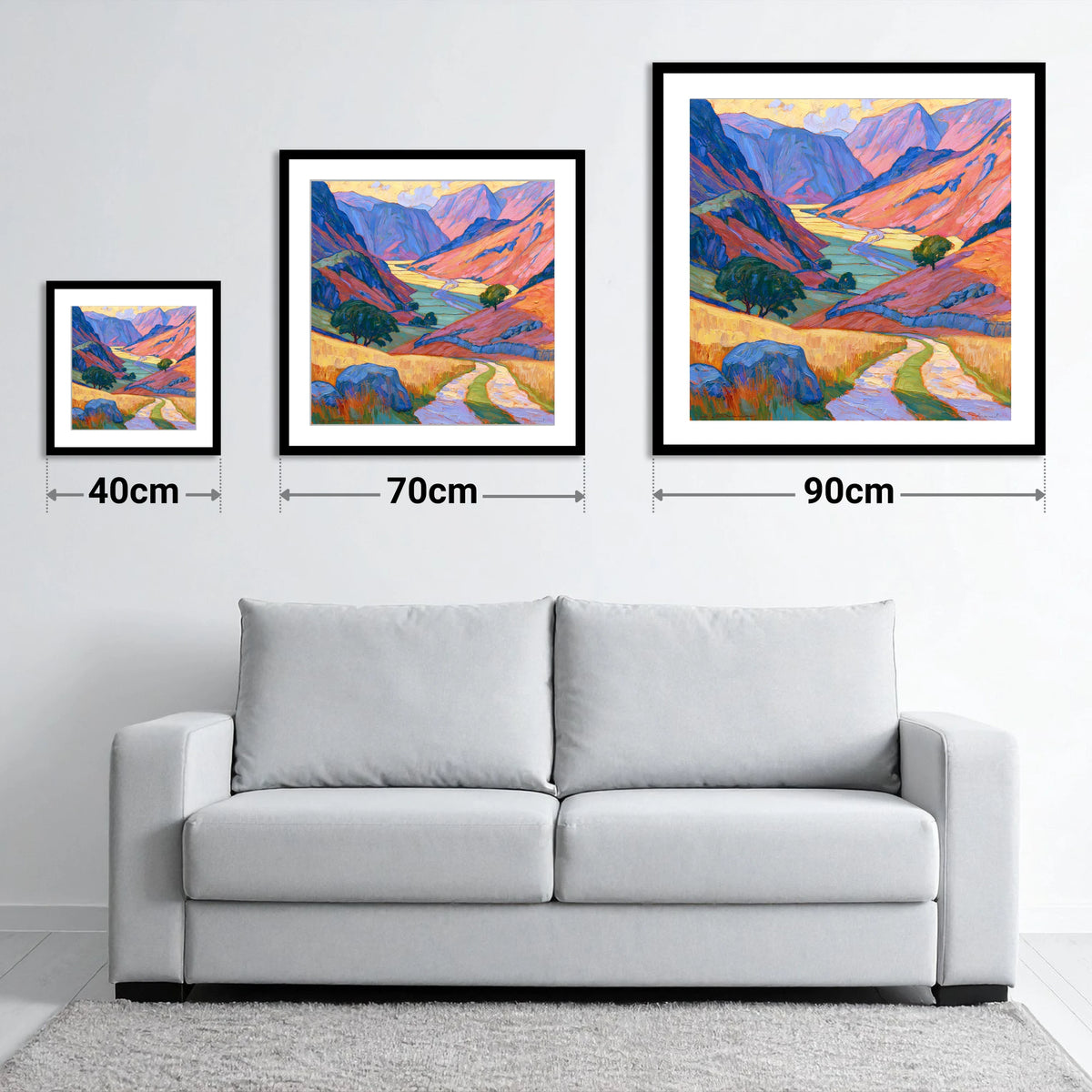 Vibrant Amber Light in the Fell Valley - size guide showing 40cm, 70cm and 90cm art prints