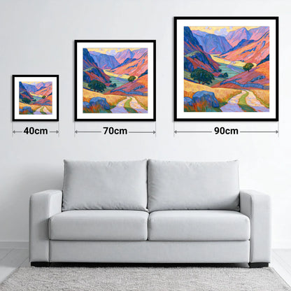 Vibrant Amber Light in the Fell Valley - size guide showing 40cm, 70cm and 90cm art prints