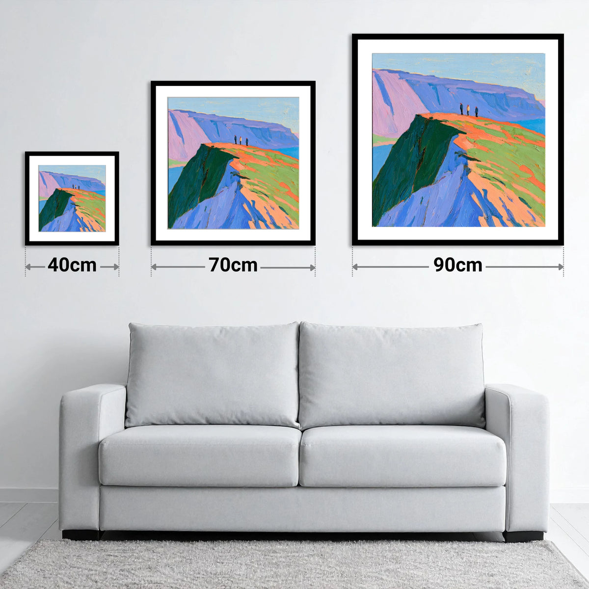 Hikers on a Vibrant Fell Top - size guide showing 40cm, 70cm and 90cm art prints