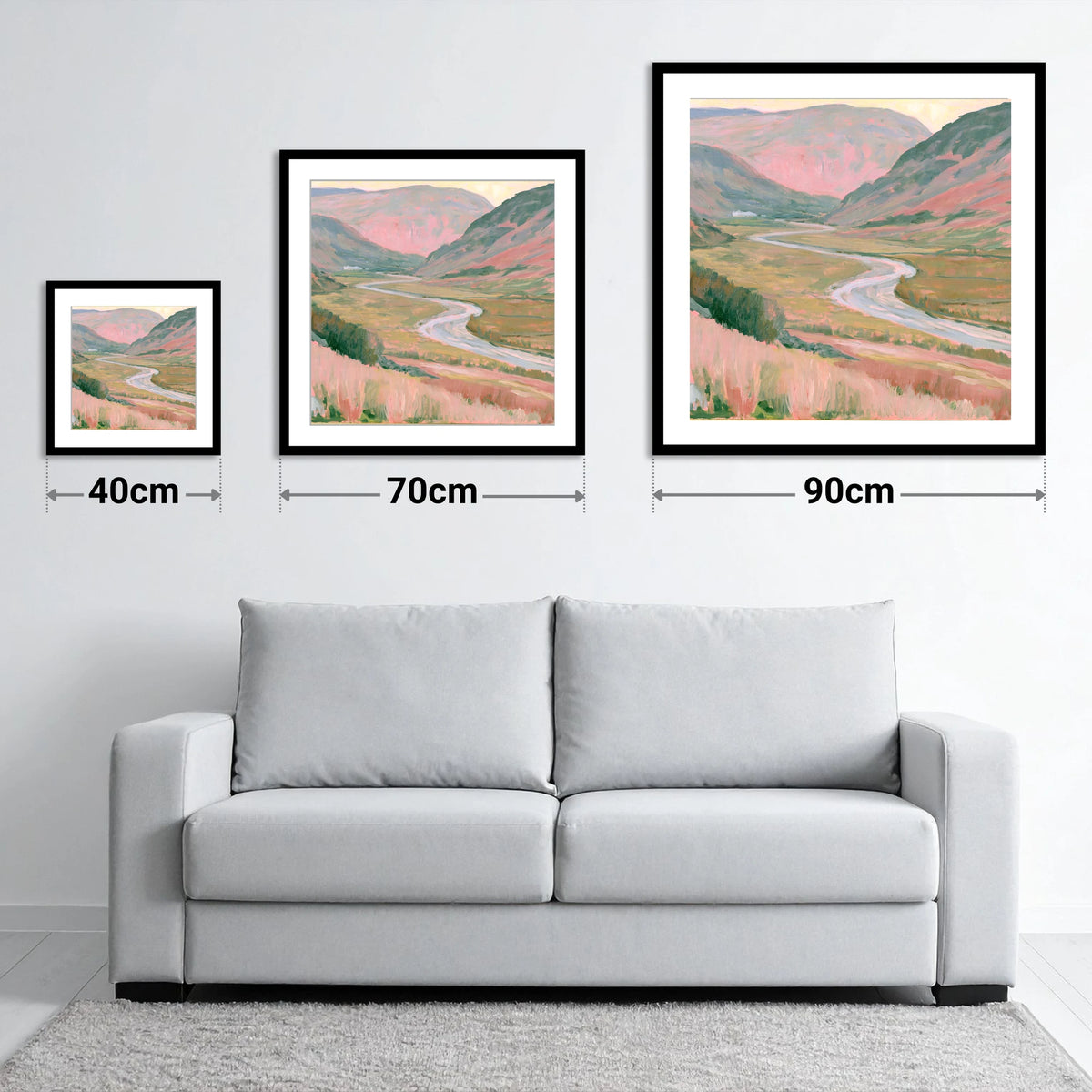 Winding River in Pastel Light - size guide showing 40cm, 70cm and 90cm art prints